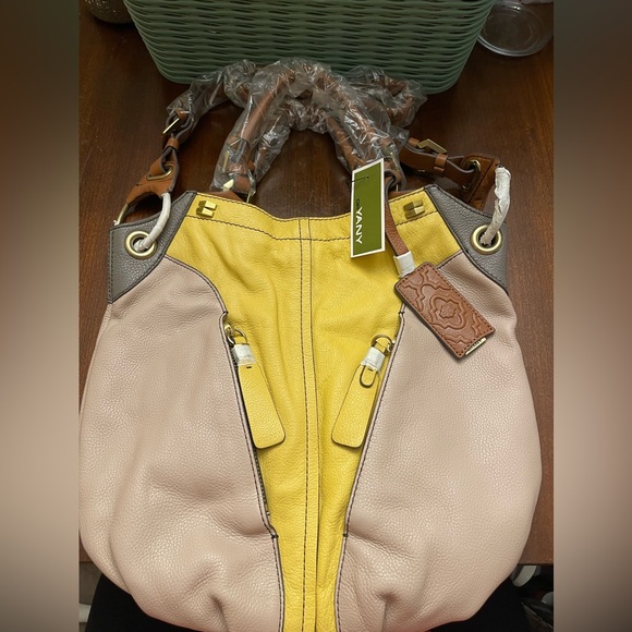NWT OR YANY Pebble Leather Colorblock Victoria Yellow, Tan, Grey Large Hobo Bag - Picture 3 of 14